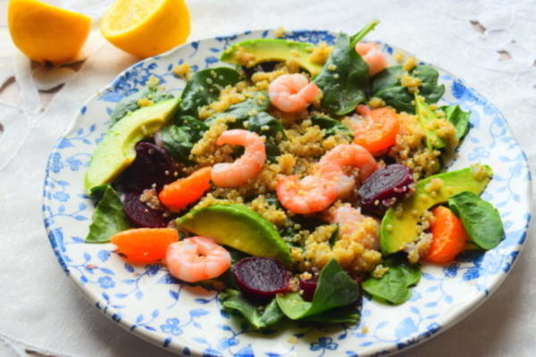 salade van garnalen, quinoa en mandarijn