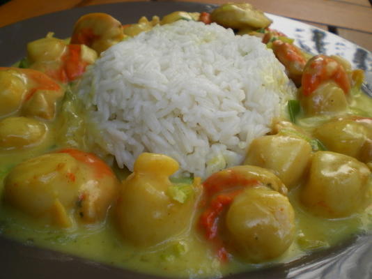 curried Sint-jakobsschelpen met rijst