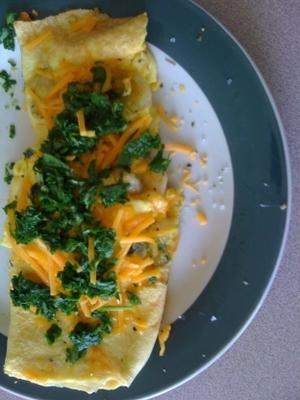 garnalen, spinazie en cheddar omelet.