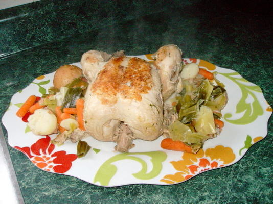 kip in een pot met prei, lente-uitjes en rapen