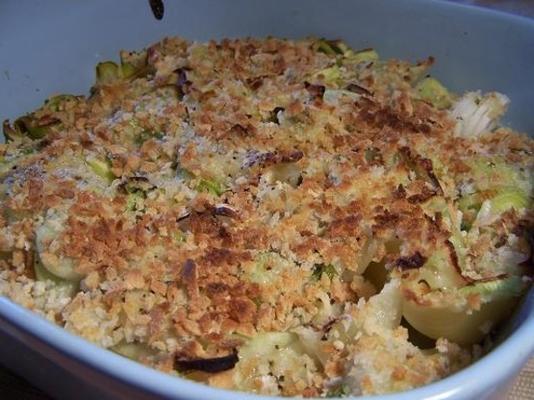 kaasachtige prei en pasta bakken