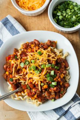 Chili with Pasta and Cheddar