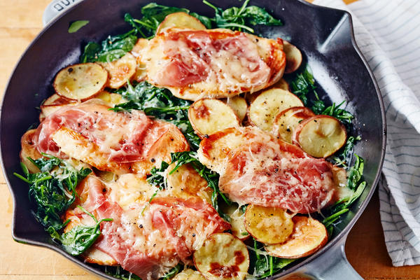 Kip Saltimbocca met spinazie en aardappelen